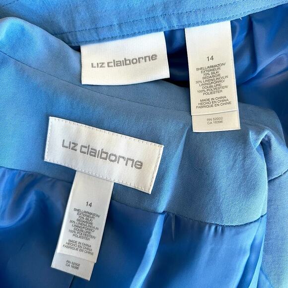 Vintage 90s Liz Claiborne Silk Linen Blue Open Front Blazer Trouser Suit Set 10 - Picture 11 of 14